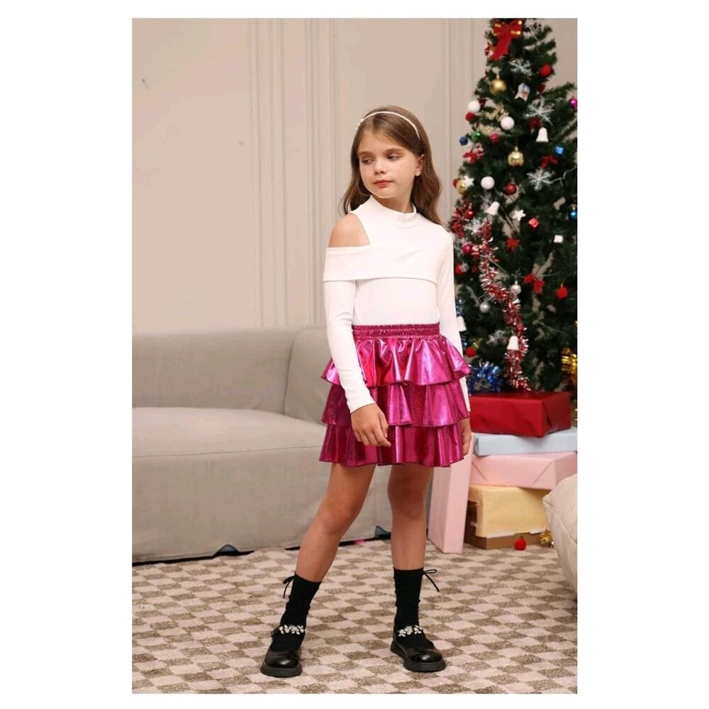 GRACE KARIN Girls Metallic Party Skirt Girls Fashion 3 Layer Ruffle Skirt Sz 14 - Picture 4 of 9